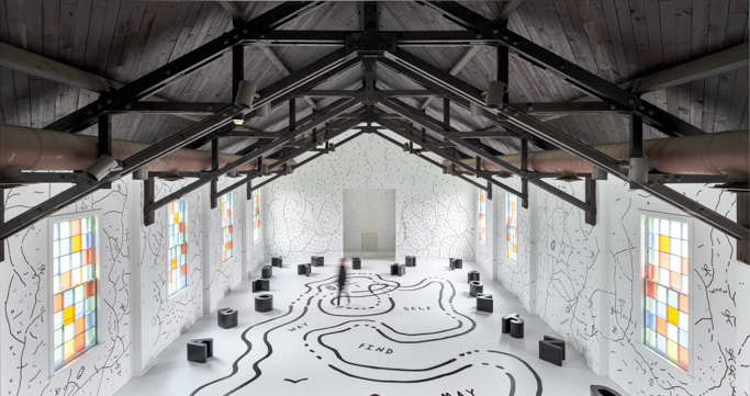 Shantell Martin, The May Room, 2019, black and white drawings covering the interior of Our Lady Star of the Sea, chapel built in 1942
