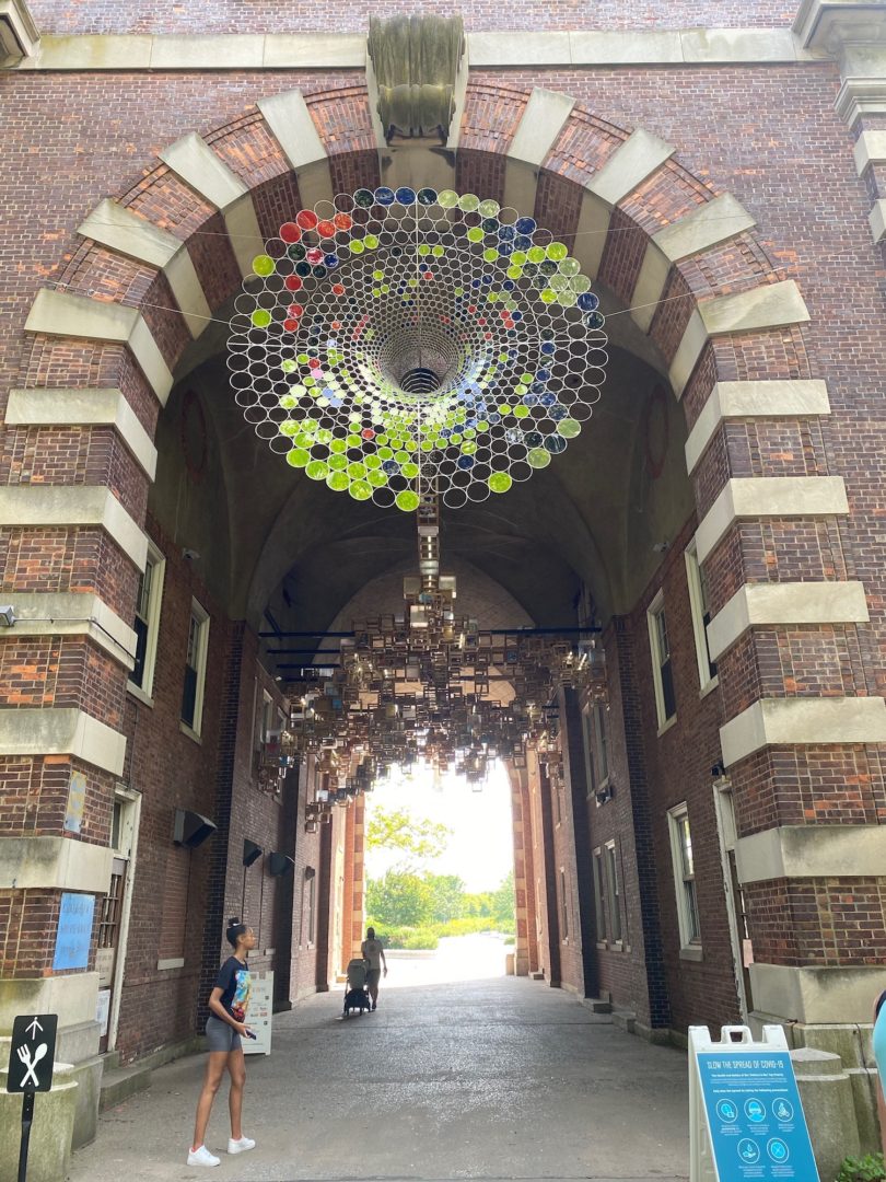 Jacob Hashimoto, Never Comes Tomorrow, 2018, Liggett Hall Archway, Governors Island, New York City